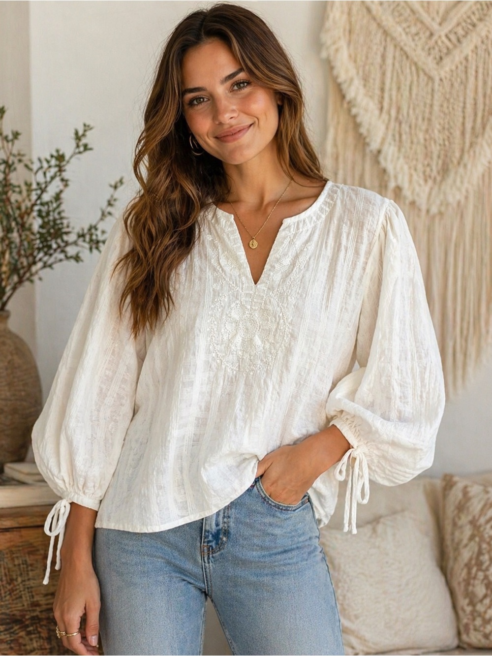 Women's White Embroidered Peasant Blouse